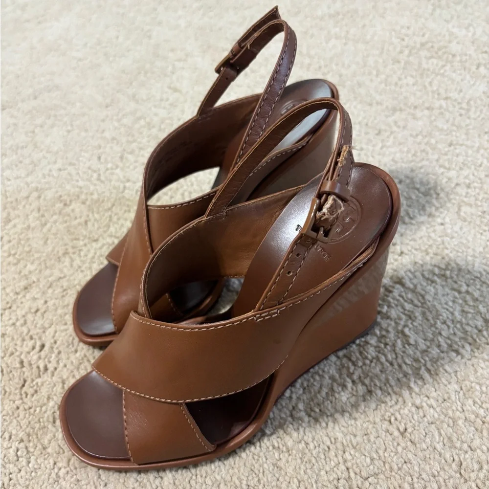 Tory Burch Gabrielle Wedge Sandals in tan leather